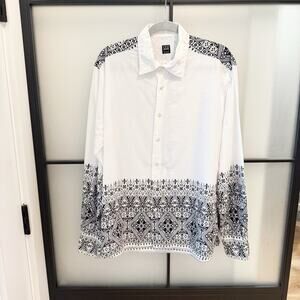 IKE BEHAR Casual Shirt Mens Large L White Black Cotton Long Sleeve Made In Peru